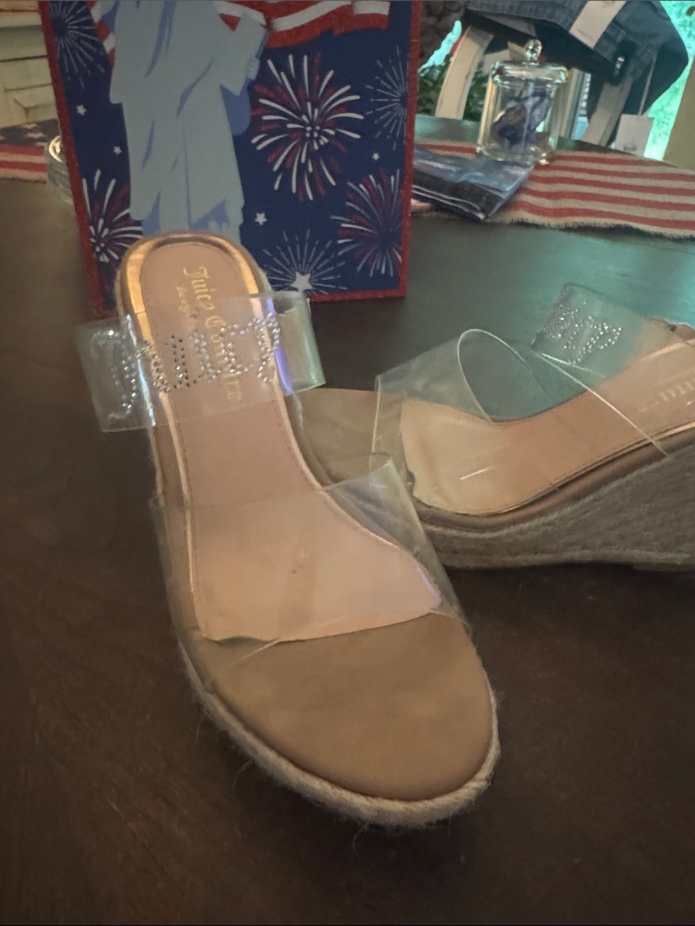 Juicy Couture Clear Rhinestone Strap Espadrille Wedge Sandals with Nude Footbed